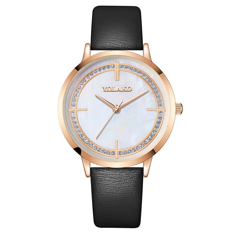 YOLAKO Girls Watch Elegant Minimalist Leather Ladies Watch Pink Rose Gold Diamond Women Watch Montre Femme