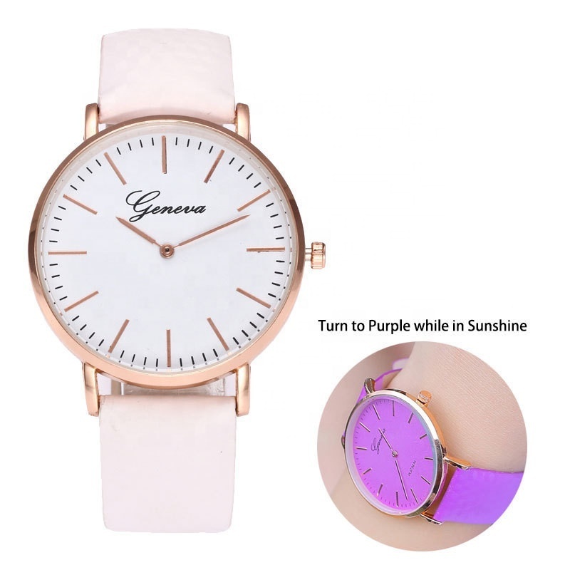 New Simple Women Geneva Watch Unique UV Sun Solar Temperature Face Band Color Change Watch