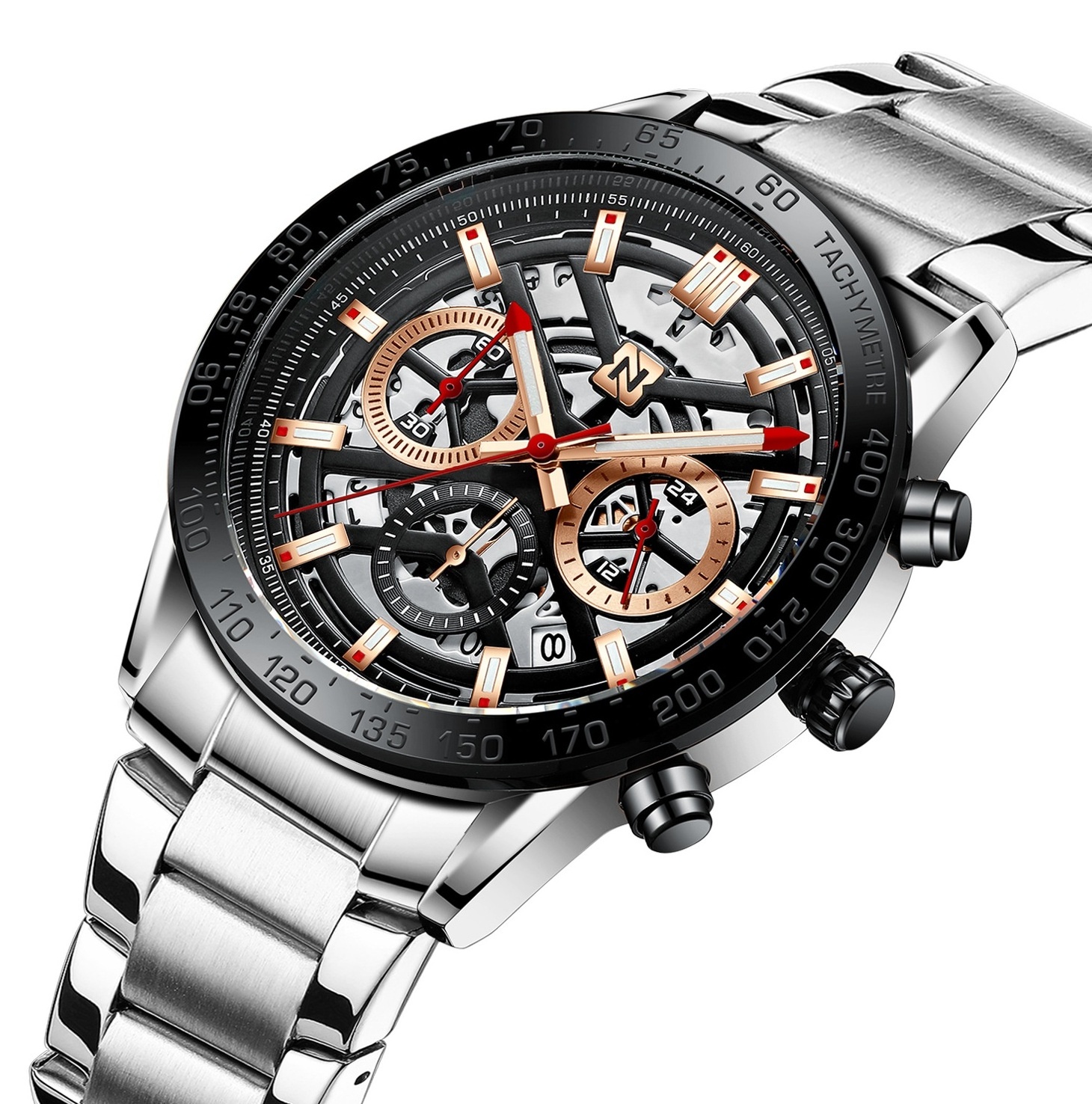 High Quality Made In Prc Watch Luxury Stainless Steel Band Skeleton Luminous Chronograph Mens Watches