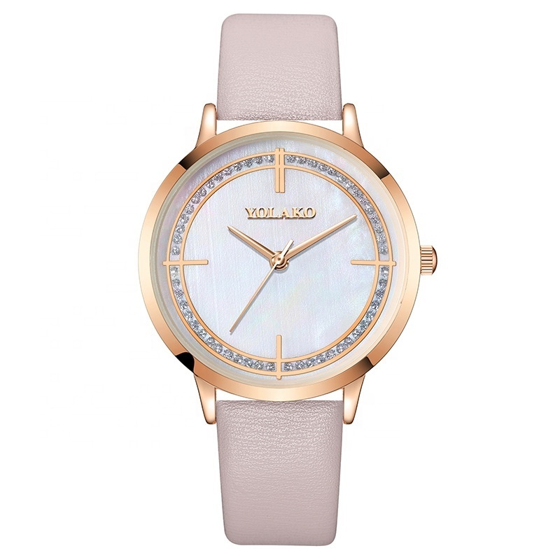 YOLAKO Girls Watch Elegant Minimalist Leather Ladies Watch Pink Rose Gold Diamond Women Watch Montre Femme