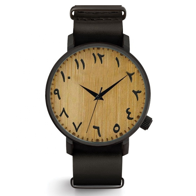 No Logo Alloy Watch Case Leather Strap Real Bamboo Wood Dial Arabic Number Watch