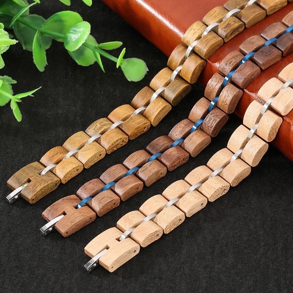 Handmade Natural Stylish Custom Men Wooden Bracelet High Quality Stainless Steel Wood Bracelet