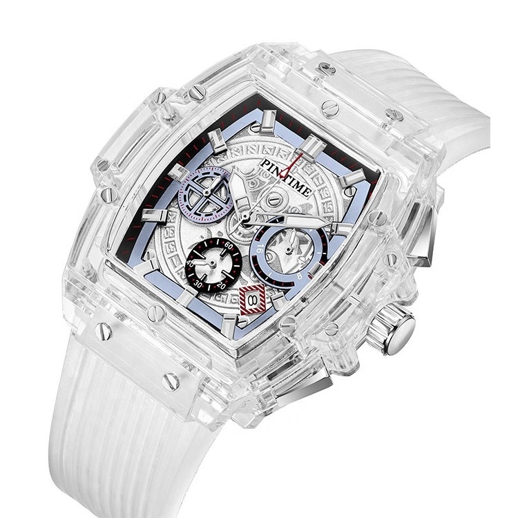 Luxury Pintime Watches Men Wrist Luminous Sports Chronograph Square Skeleton Transparent Watch For Boys