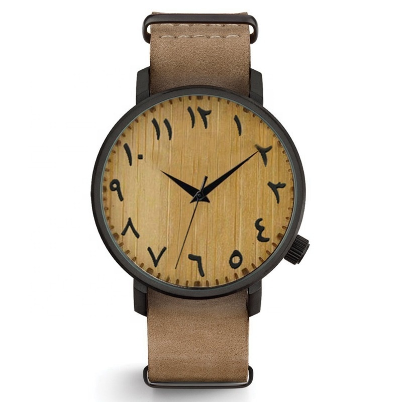 No Logo Alloy Watch Case Leather Strap Real Bamboo Wood Dial Arabic Number Watch