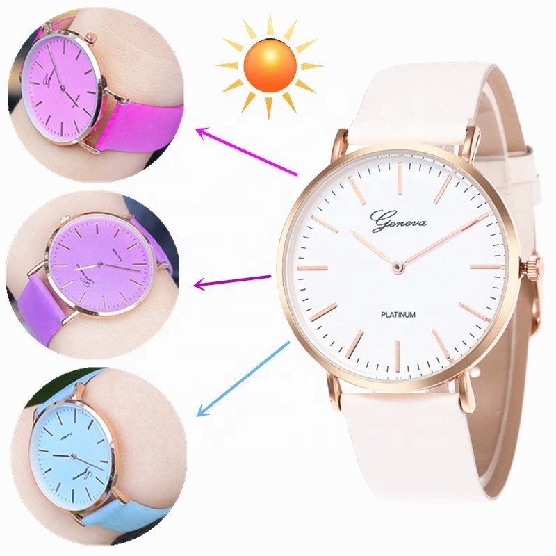 New Simple Women Geneva Watch Unique UV Sun Solar Temperature Face Band Color Change Watch