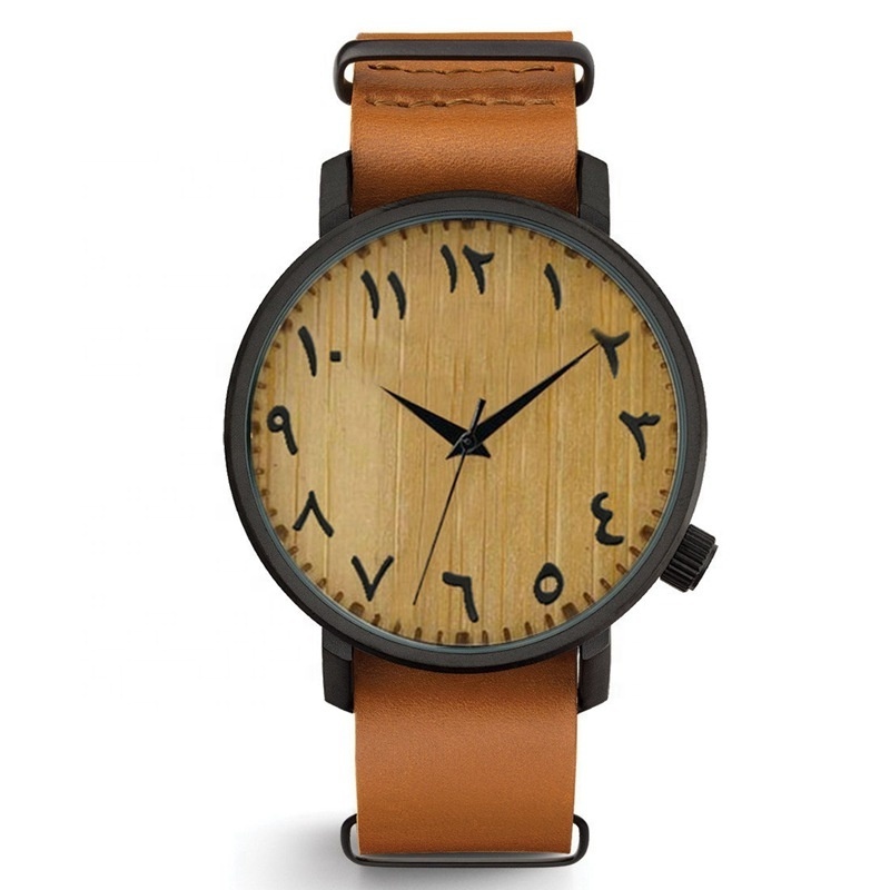 No Logo Alloy Watch Case Leather Strap Real Bamboo Wood Dial Arabic Number Watch