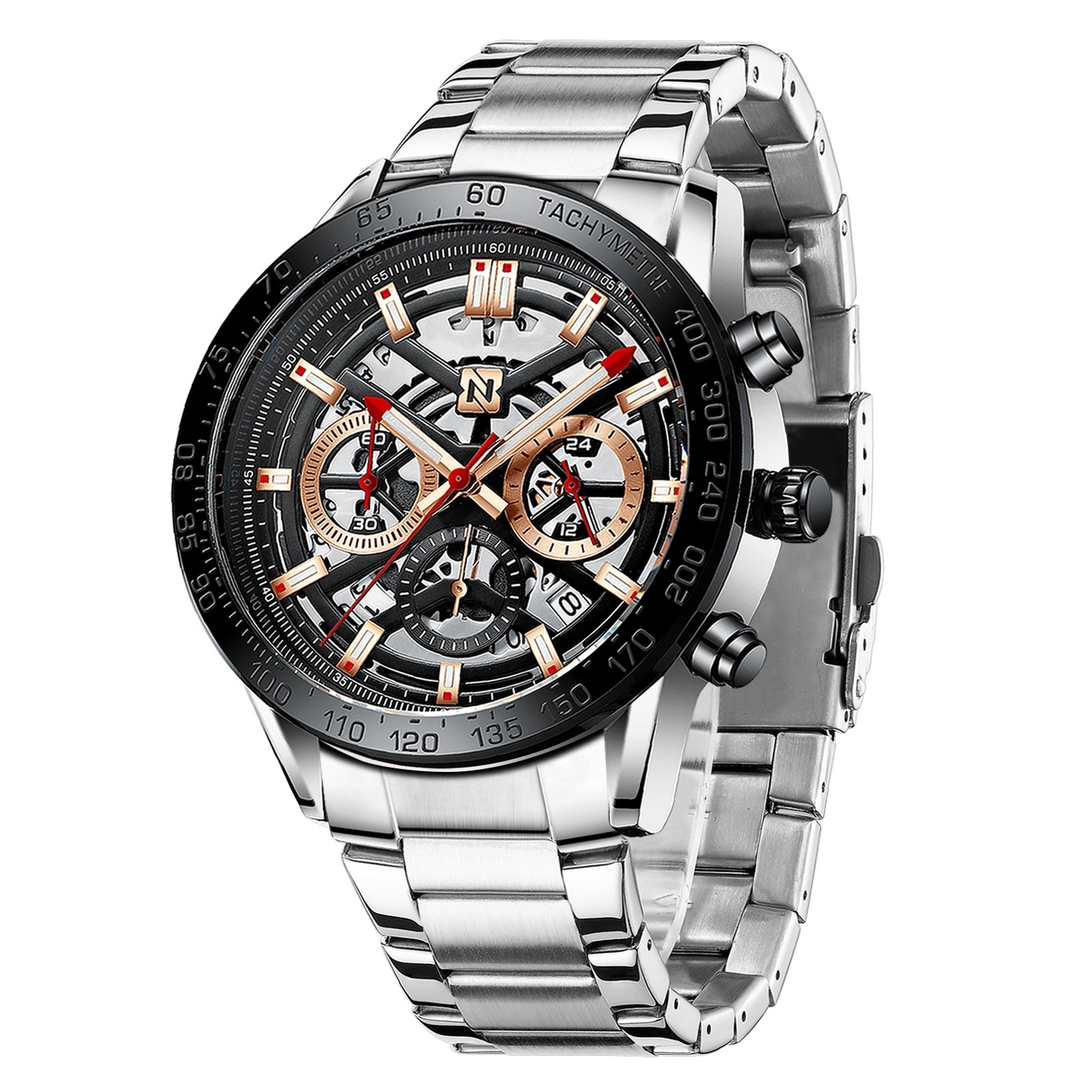 High Quality Made In Prc Watch Luxury Stainless Steel Band Skeleton Luminous Chronograph Mens Watches