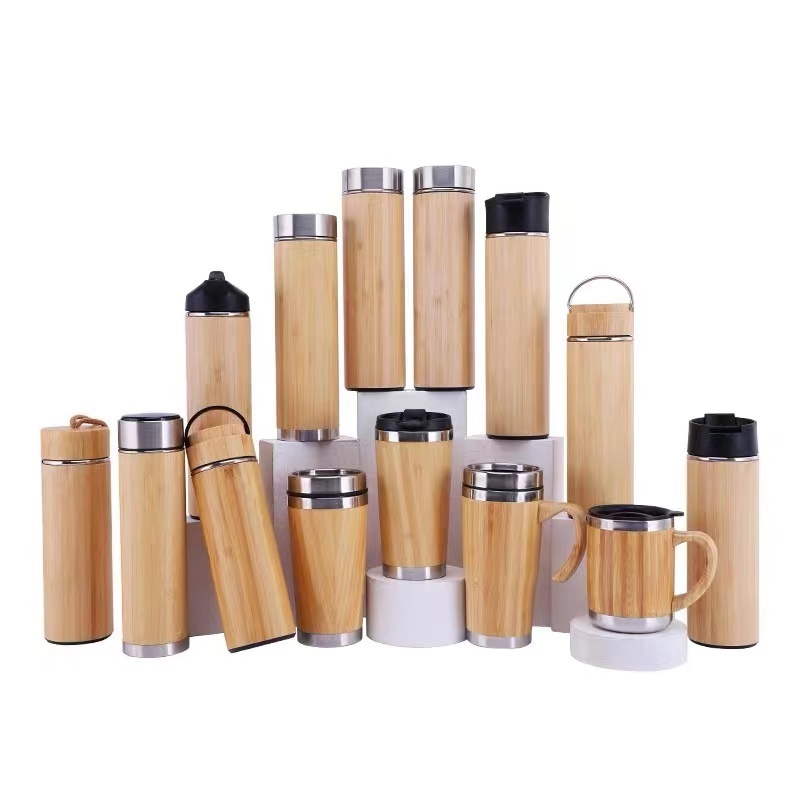 New high quality sublimation stainless wholesale vacuum insulated camping tea water bottle bamboo thermos flask with carabiner