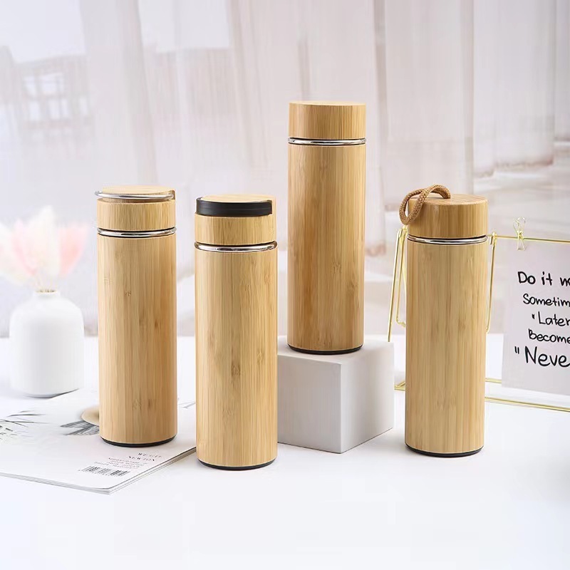 New high quality sublimation stainless wholesale vacuum insulated camping tea water bottle bamboo thermos flask with carabiner