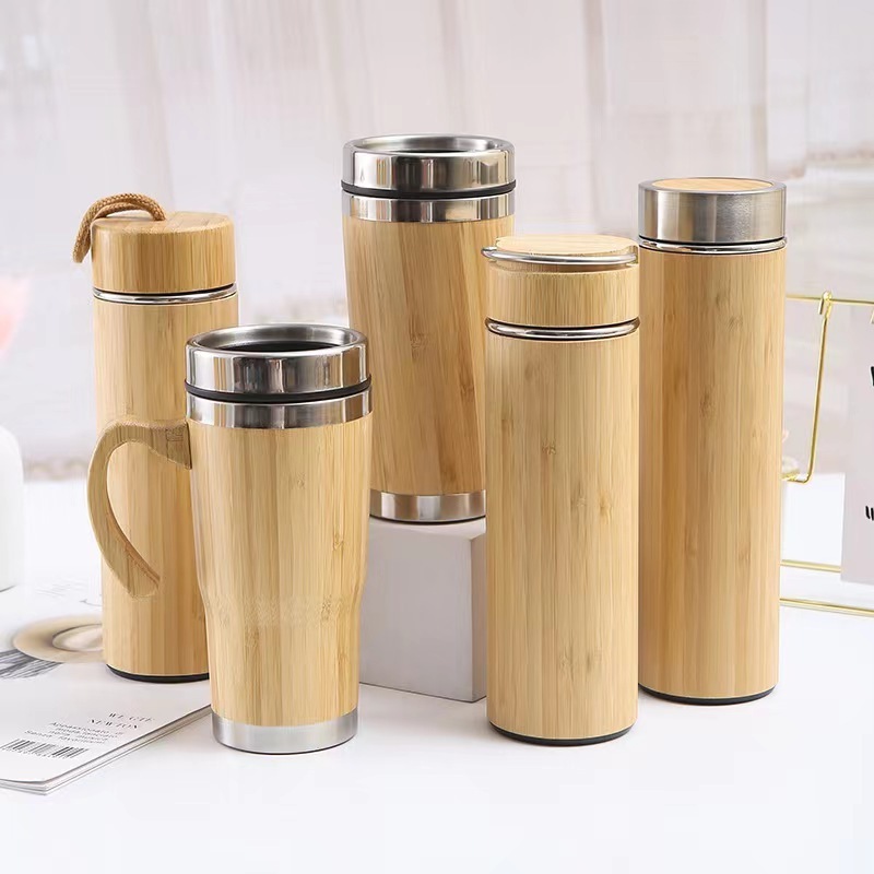 New high quality sublimation stainless wholesale vacuum insulated camping tea water bottle bamboo thermos flask with carabiner