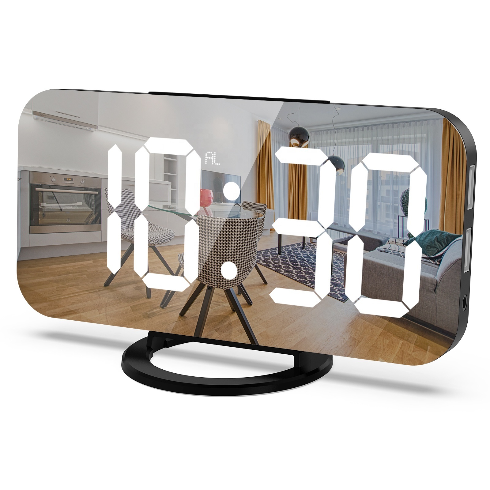 2022 Fashionable Desktop Mirror Alarm Clock Wall Mounted Digital LED Wall Clock