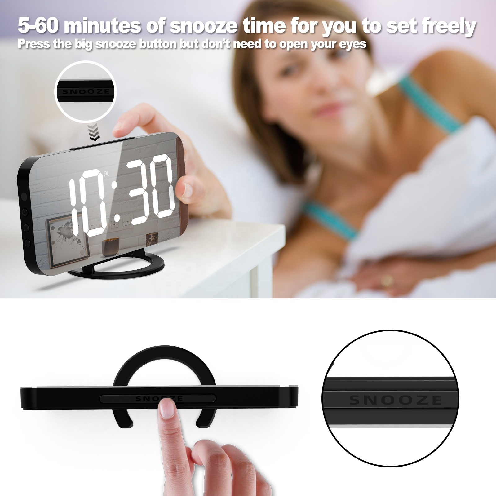 2022 Fashionable Desktop Mirror Alarm Clock Wall Mounted Digital LED Wall Clock