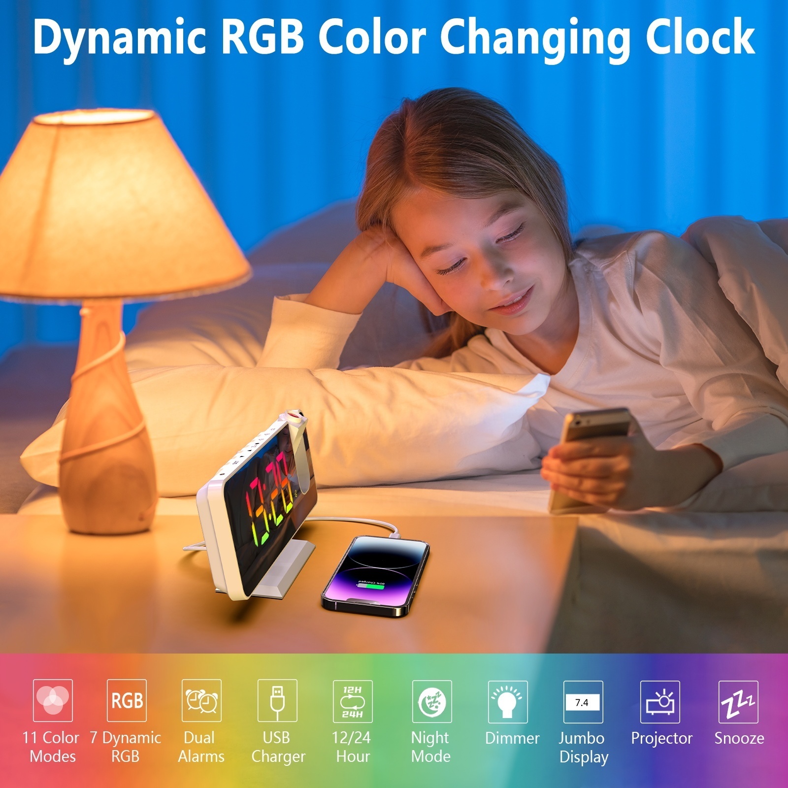 2023 New Arrivals Dynamic RGB Color Changing Table Desktop Led Clocks Loud Digital Alarm Clock