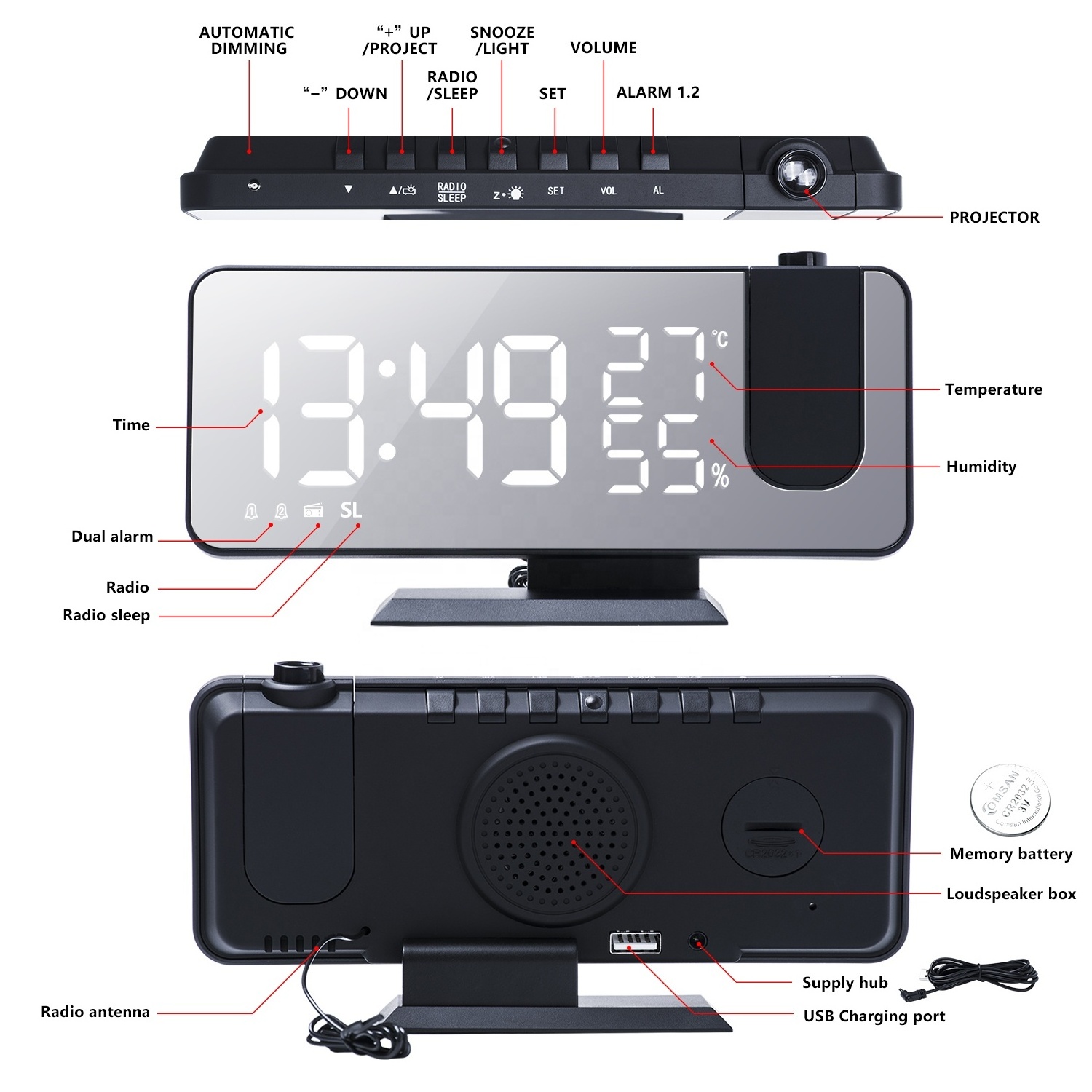 2021 New LED Smart Electronic Desktop Table Desk LED Laser Ceiling Digital Projection Alarm Clock With Radio and Weather Station