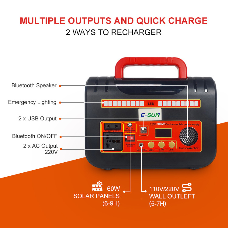 Emergency portability power solar generator 1200W portable power station with Fan LED light 300W energy stations for camping