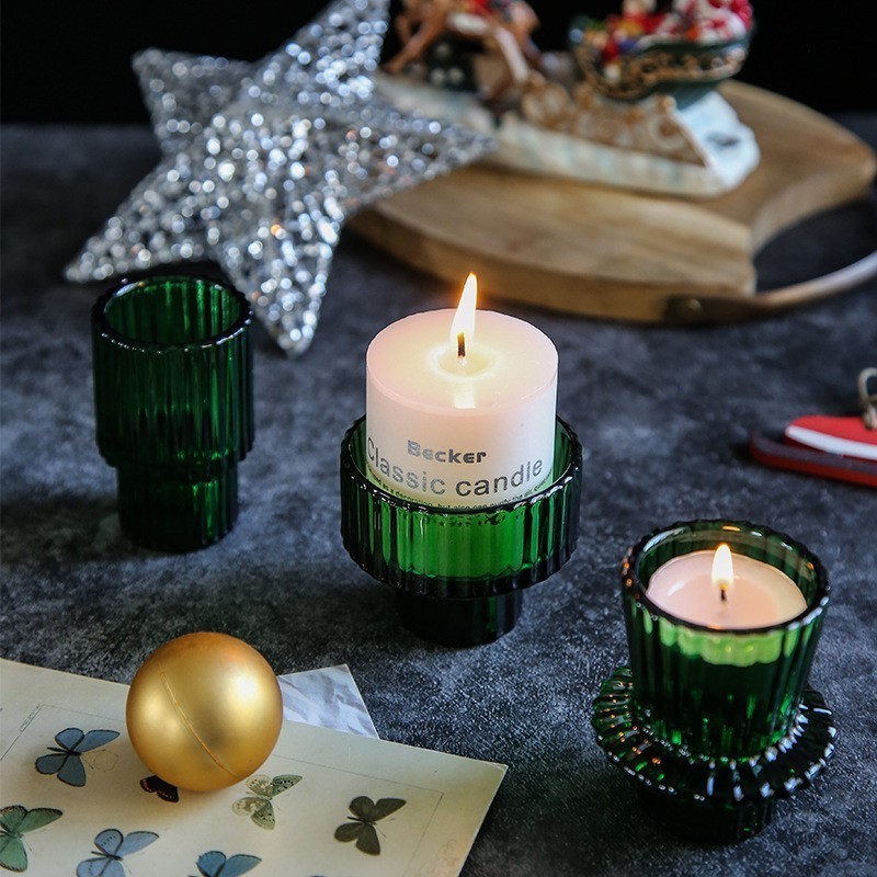 Wholesales Clear Green Ribbed Tea Light Tapered Glass Candle Holder for Wedding