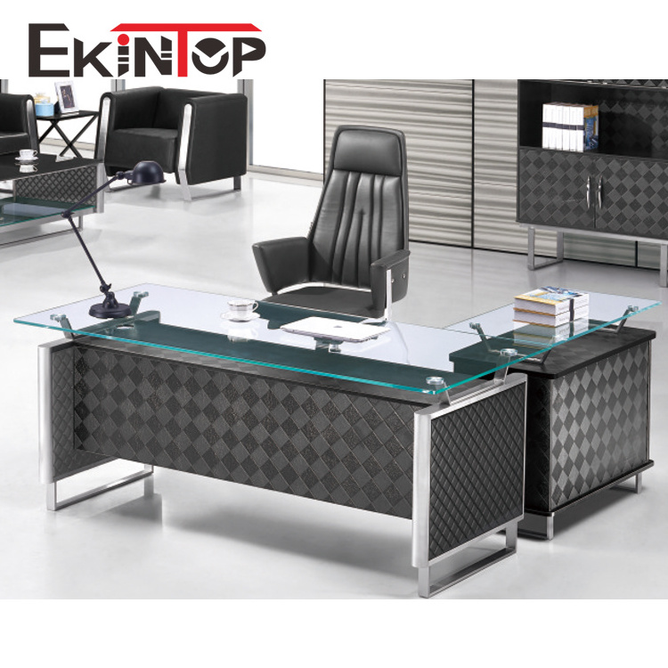 Ekintop cheap price bank black acrylic tempered modern glass executive office desk with glass top