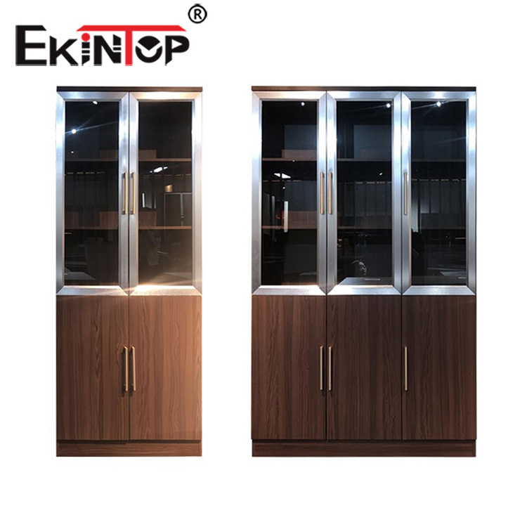 Ekintop glass bookstore bookcase metal stainless steel book shelves with glass doors model for living room sale