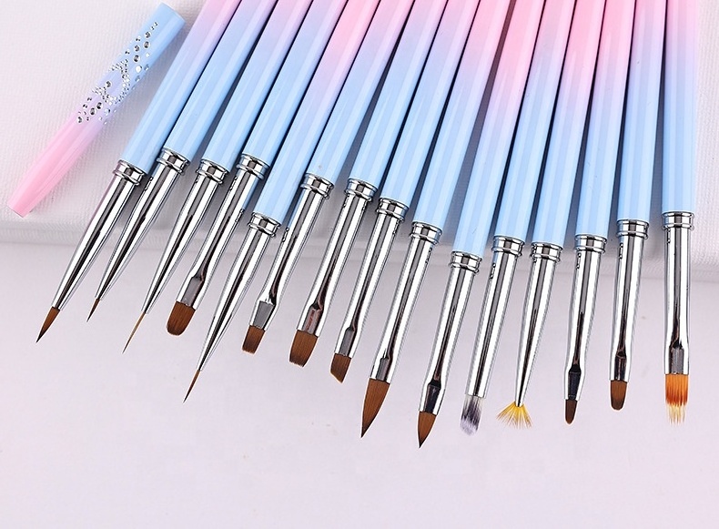 Blue&Pink Nail Art Brush nylon Acrylic Metal Diamond style Gradual Color Handle Material Fine UV Gel Nail Art Detail Brush Set