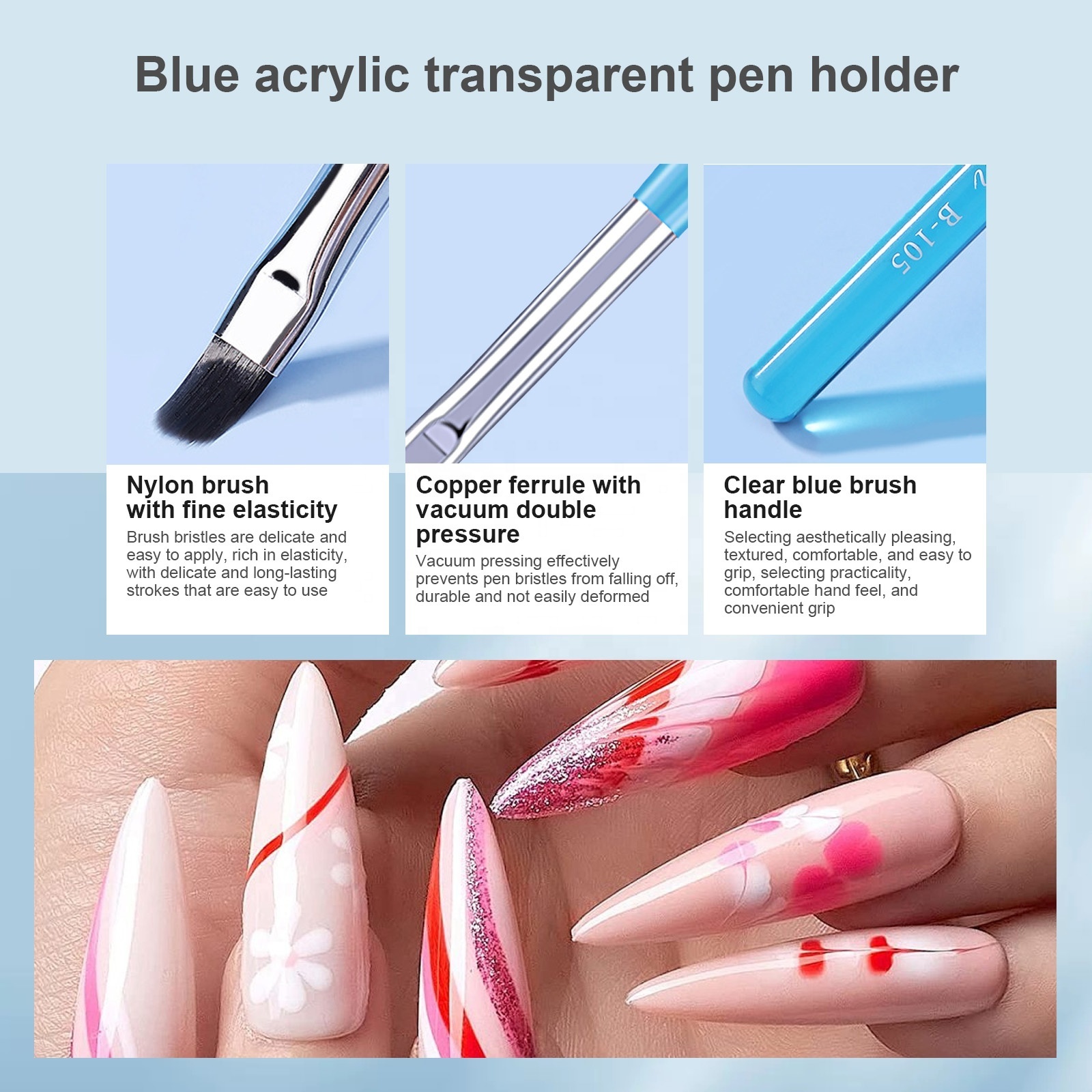 High quality blue acrylic brush set ombre function gel brush with lid and black leather bag liner brush nail art