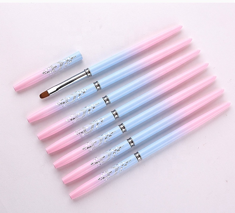 Blue&Pink Nail Art Brush nylon Acrylic Metal Diamond style Gradual Color Handle Material Fine UV Gel Nail Art Detail Brush Set