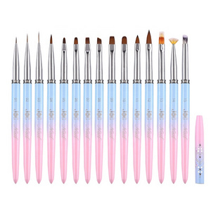 Blue&Pink Nail Art Brush nylon Acrylic Metal Diamond style Gradual Color Handle Material Fine UV Gel Nail Art Detail Brush Set