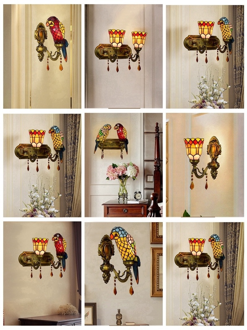 European retro stained glass parrot three-head wall lamp American Rose dining room bedroom bar aisle toilet lamp