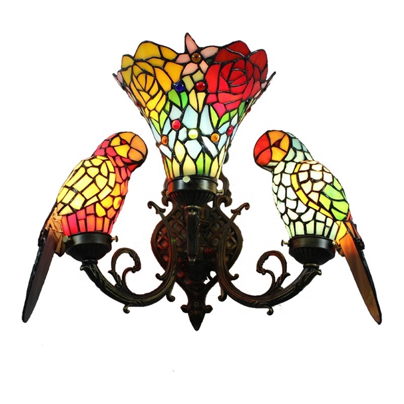 European retro stained glass parrot three-head wall lamp American Rose dining room bedroom bar aisle toilet lamp