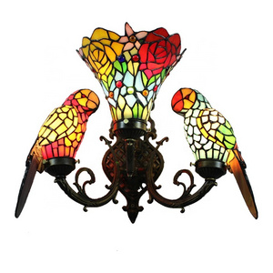 European retro stained glass parrot three-head wall lamp American Rose dining room bedroom bar aisle toilet lamp