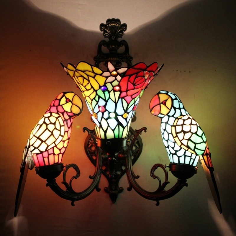 European retro stained glass parrot three-head wall lamp American Rose dining room bedroom bar aisle toilet lamp