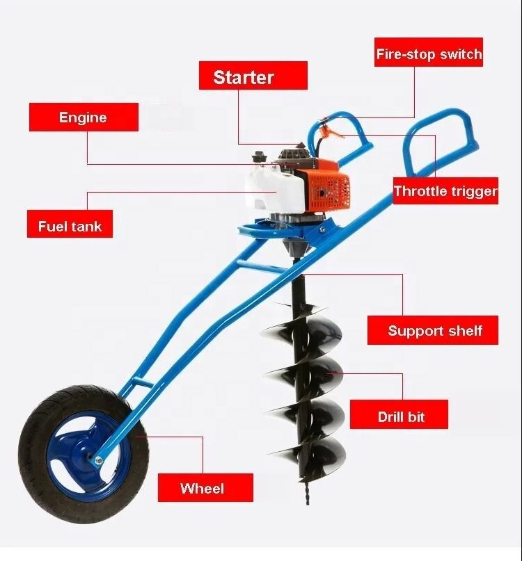 Home use earth auger with hand trolley or hand push hole digger with 200 mm drill bit