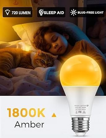 Sleep Aid Amber Bulb Blue Light Blocking A19 9W Dim Bulb 1800K Warm Bulb Baby Room Light E26 Healthy Sleep Bedroom Kids Room