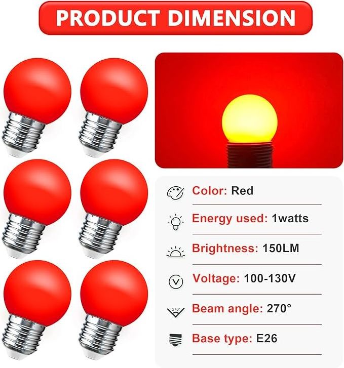 Red Light Bulb 15W Equivalent G45 Globe LED Christmas 1W Colored Night Mini Edison E26 Holiday String Fairy Mood Lights Decor