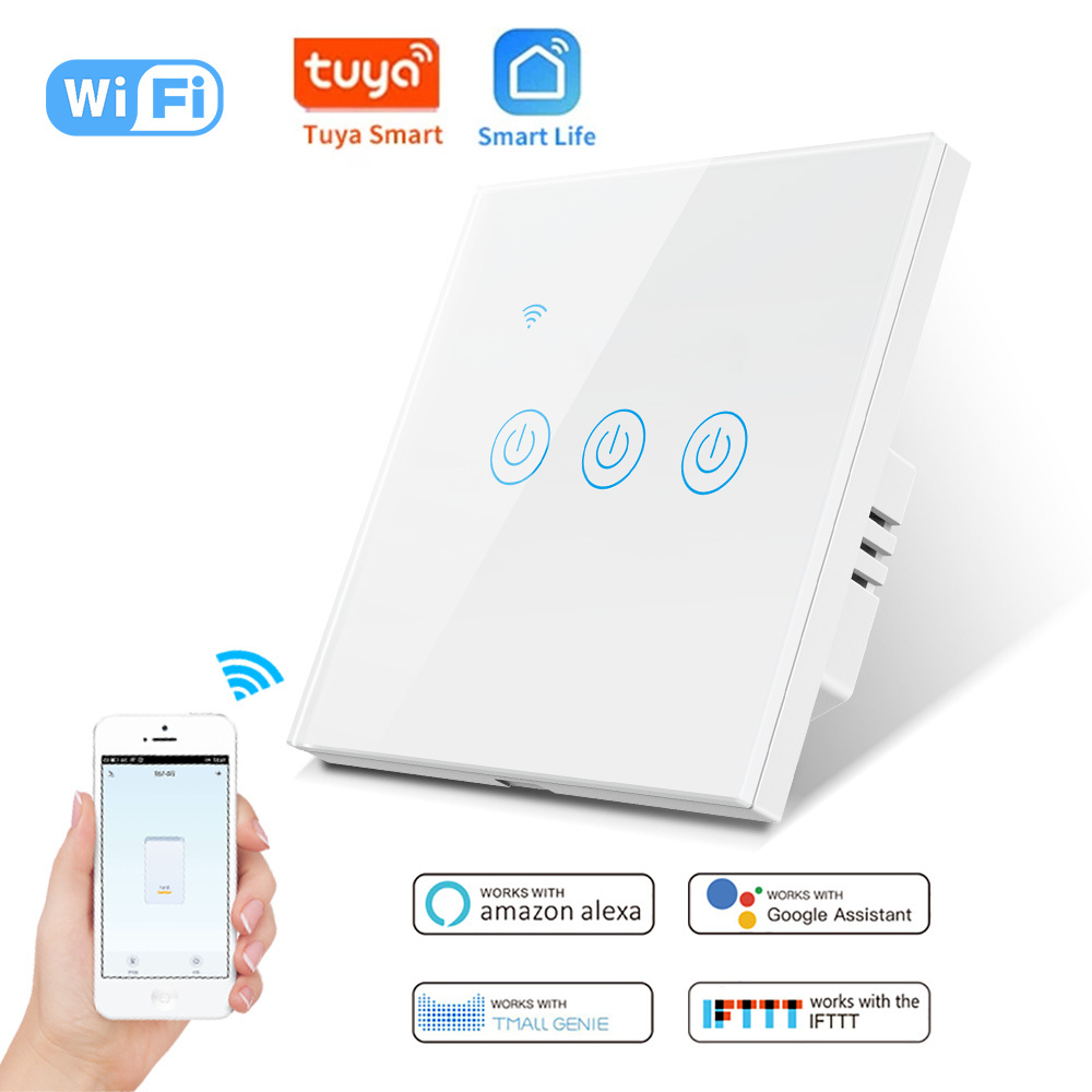 Wifi Smart Home Tuya App Smart Life Wall Light Switch No Neutral EU 1/2/3/4 Gang Glass Touch Wall Switch