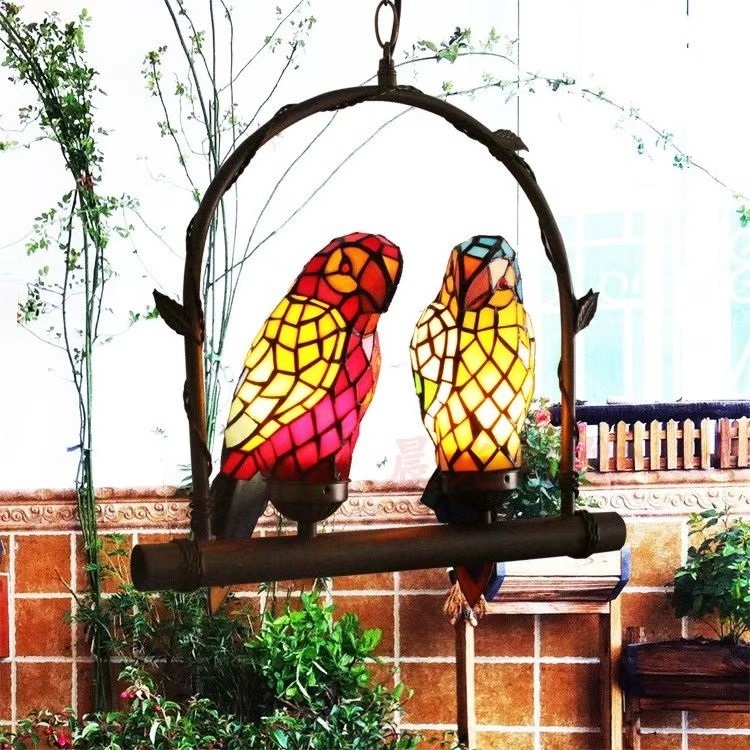 Bar Restaurant Bedroom Balcony Luxury Parrot Handmade Light Fixtures Retro Birds Tiffany Colorful Glass Chandelier