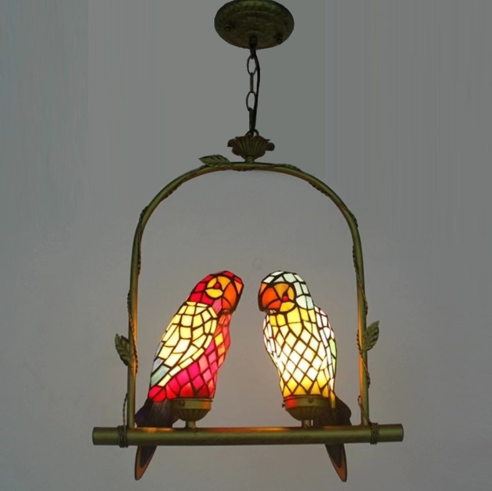 Bar Restaurant Bedroom Balcony Luxury Parrot Handmade Light Fixtures Retro Birds Tiffany Colorful Glass Chandelier