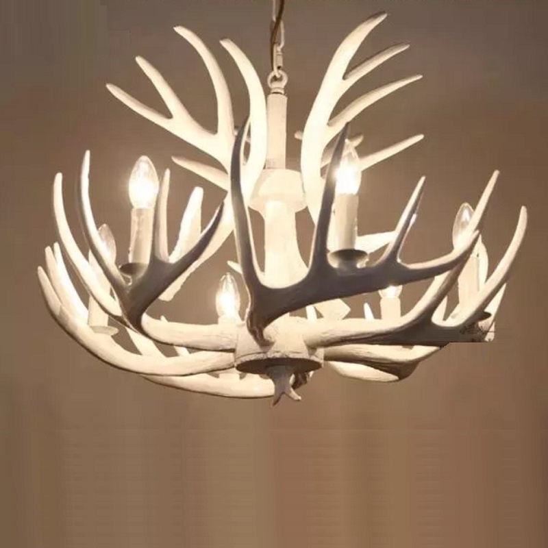 Decorative Designer 6 Heads Deer Pendant Chandelier Lighting Restaurant Bar Cafe White E12 E14 Resin Antler Chandelier