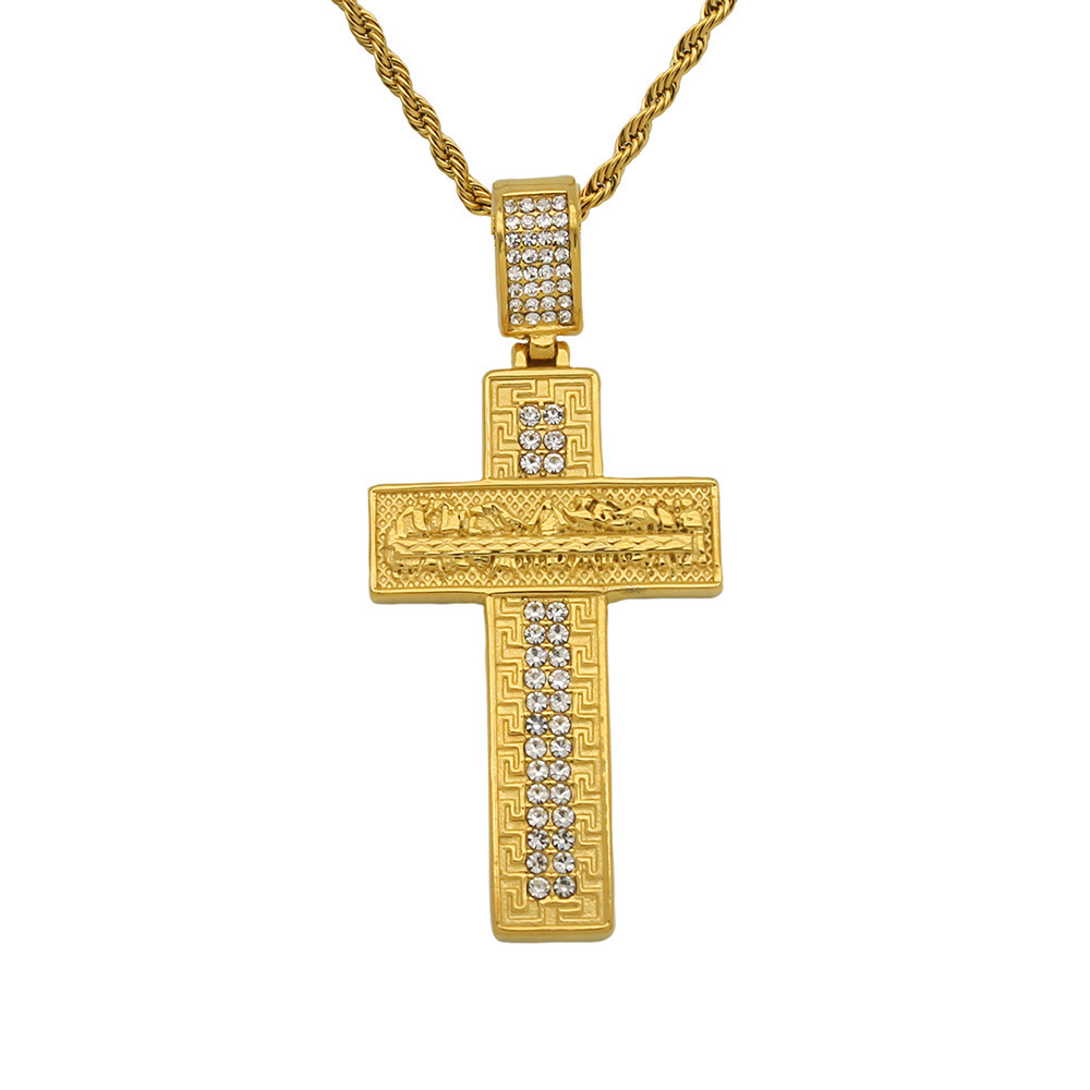 New Design Crystal Diamond Christian Religion Jewelry Gold Plated Stainless Steel Chain Cross Pendant Necklace For Men Women