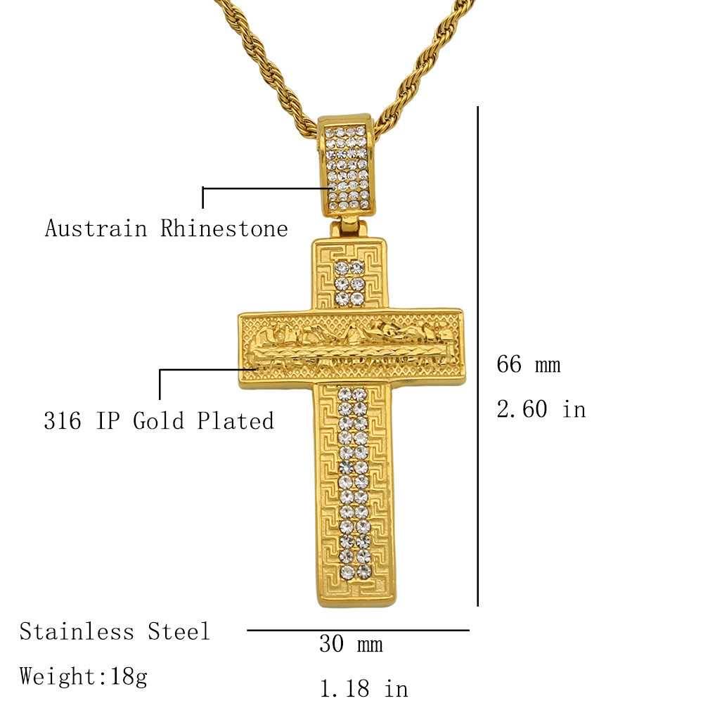 New Design Crystal Diamond Christian Religion Jewelry Gold Plated Stainless Steel Chain Cross Pendant Necklace For Men Women