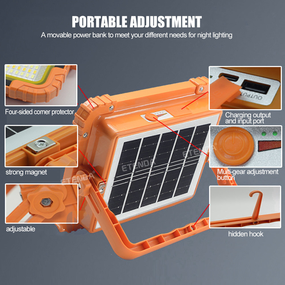 Portable Solar Flood Light 800w Outdoor Cordless Compatible With Sound Led Emergency Work Light For Workshop Camping Fishing