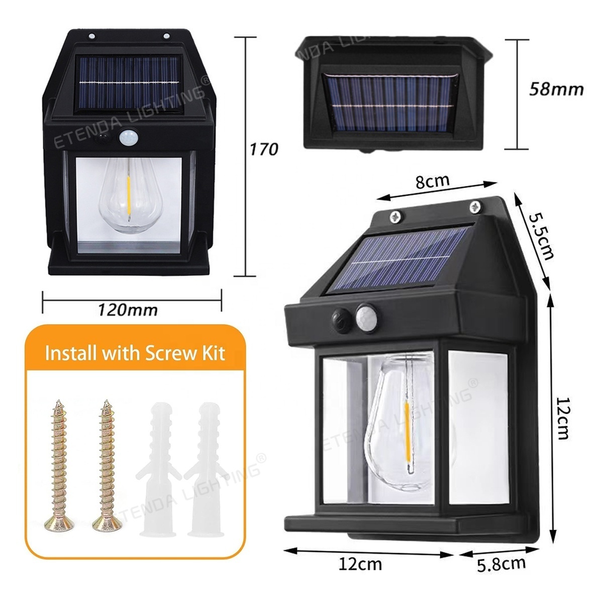 Decoration Outdoor Tungsten Wire Bulb For Garden Waterproof Motion Sensor Solar Wall Light