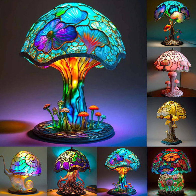 Bohemian Decor Painting Resin Mushroom LED Table Lamp Mushroom Stained Resin Plant Series Night Light