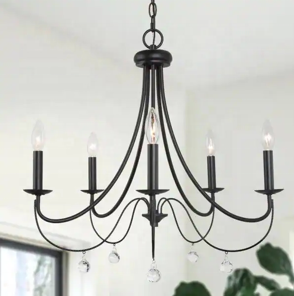 Classic Villa Hotel Island Candlestick Chandelier Light Large Matte Black Chandelier With Crystal Pendant Drops