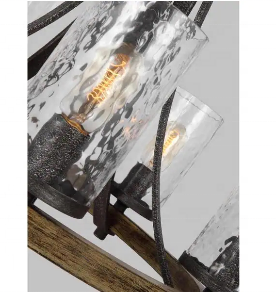 Metal Rustic Farmhouse Wagon Wheel Chandelier With Clear Wavy Glass Pendant Light