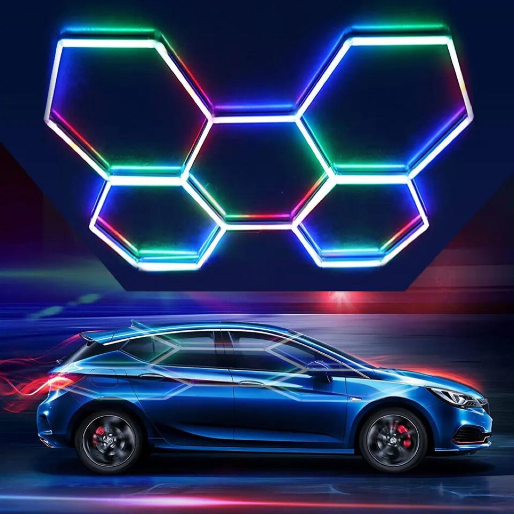 Etop 2024  Hexagonal  Led Light RGB Honeycomb Garage Lamp Led Hexagon Ceiling Lights For Auto Detailing Shop Garage Gym