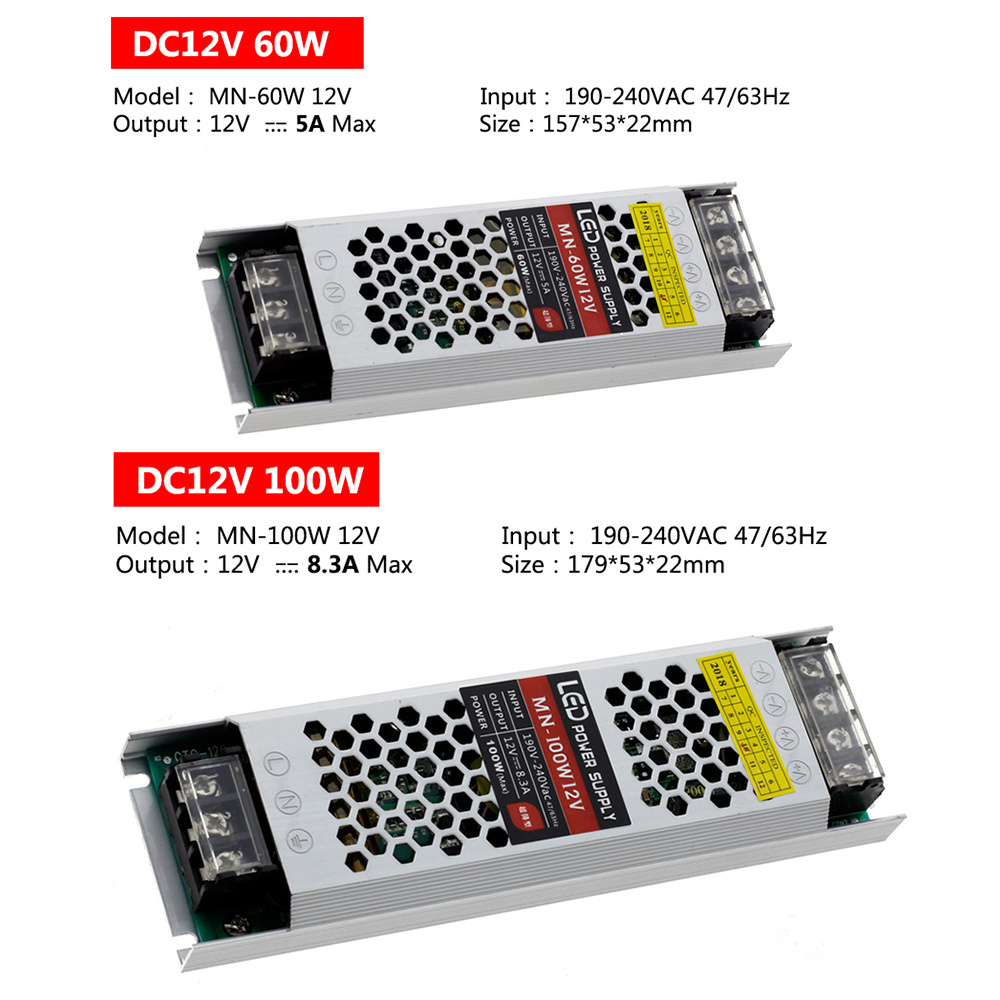 Ultra Thin LED Power Supply DC 12V Lighting Transformers 60W 100W 150W 200W 300W AC190-240V Driver For LED Strips