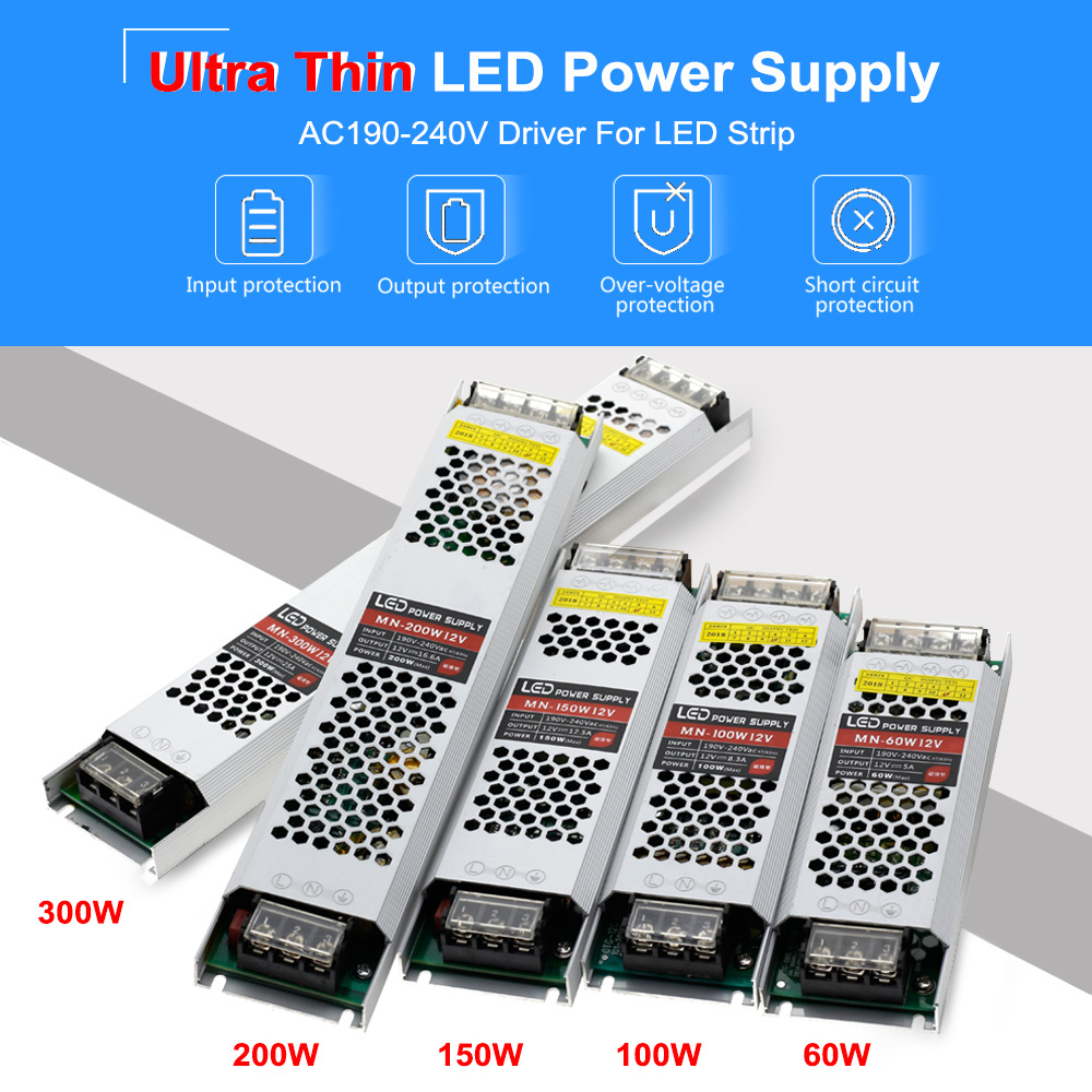 Ultra Thin LED Power Supply DC 12V Lighting Transformers 60W 100W 150W 200W 300W AC190-240V Driver For LED Strips