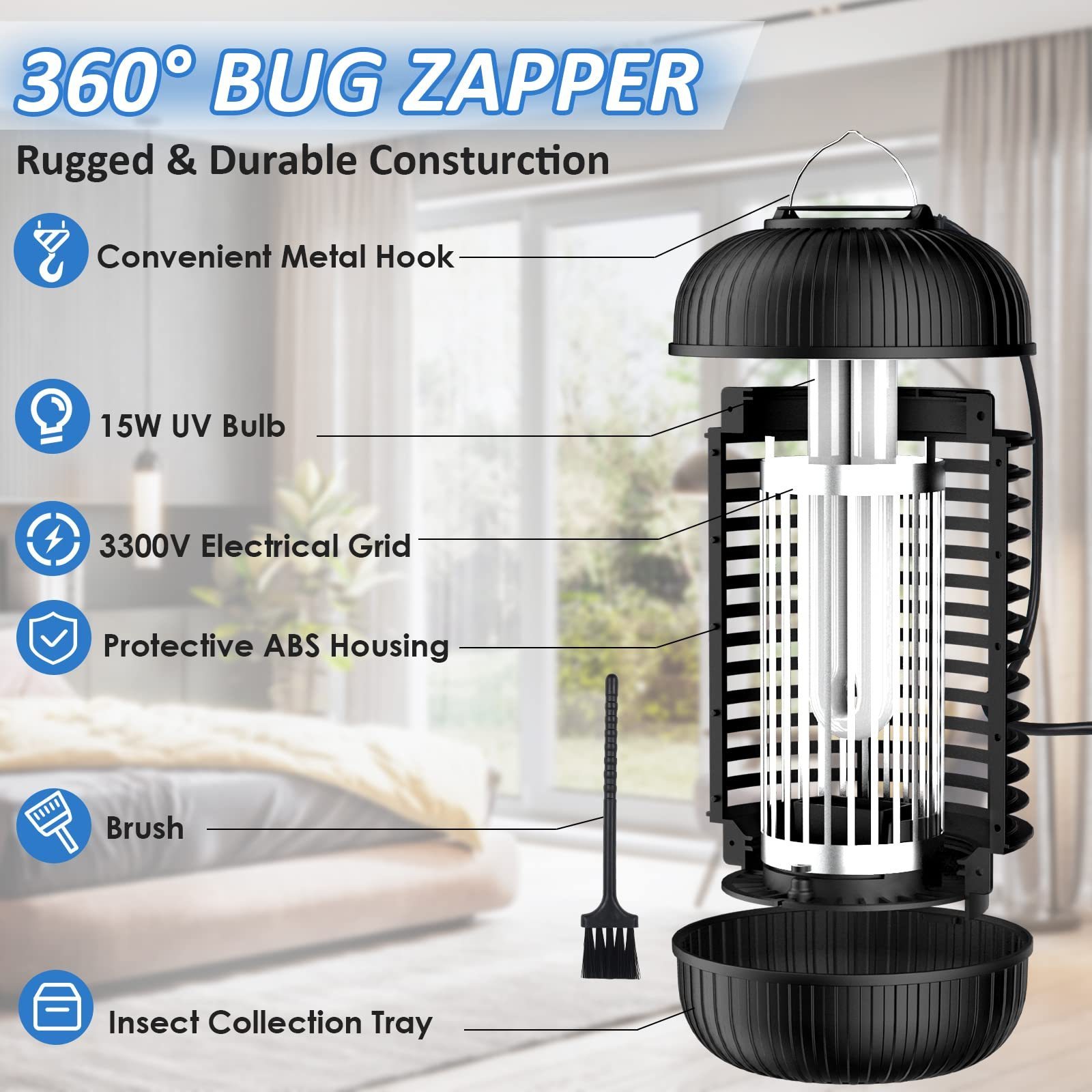 Portable Plug In 15W Electric Bug Zapper Waterproof Flying Insect Trap Electronic Mosquito Killer Lamp With UV LED