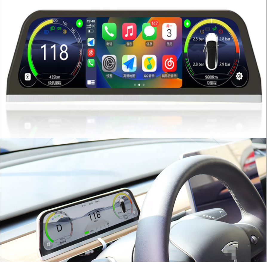 Digital Dashboard For Tesla Model 3 Y Display Carplay Android Auto 9.66 Inch IPS Screen Auto HUD Power Speed