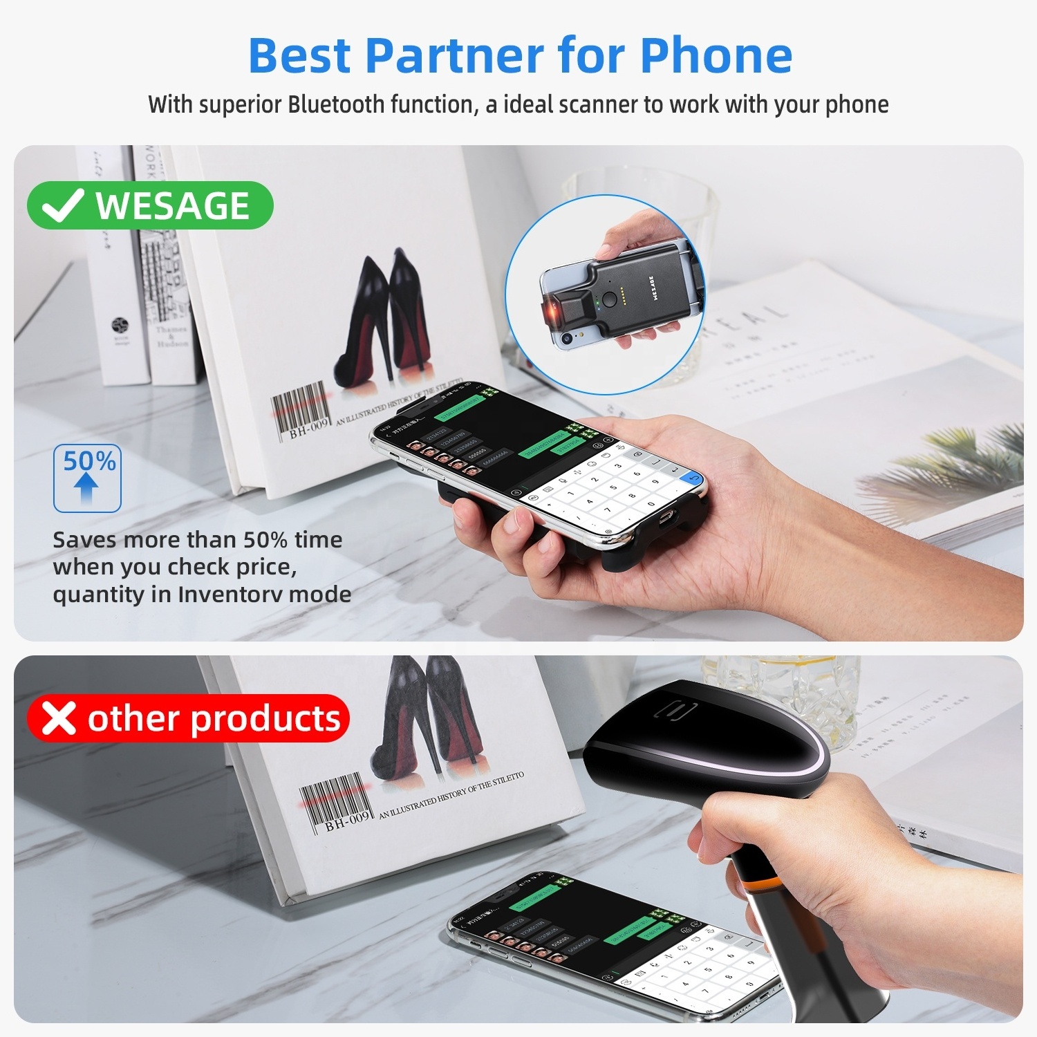 QR Code Scanner Bluetooth Android Barcode Scanner, Portable Back Clip Wireless 1D 2D UPC ISBN Inventory Barcode Reader